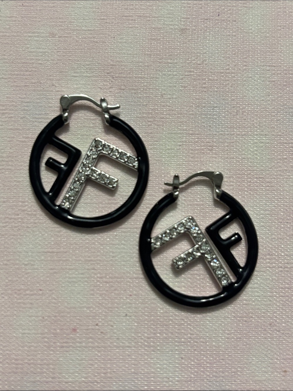 Fendi Diamond -Accented Black Hoop Logo Earrings